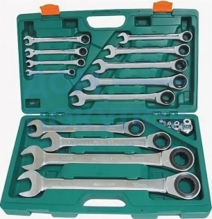 Набор ключей гаечных комбинированных трещоточных с аксессуарами в кейсе, 8-32 мм, 17 предметов Jonnesway W45117S